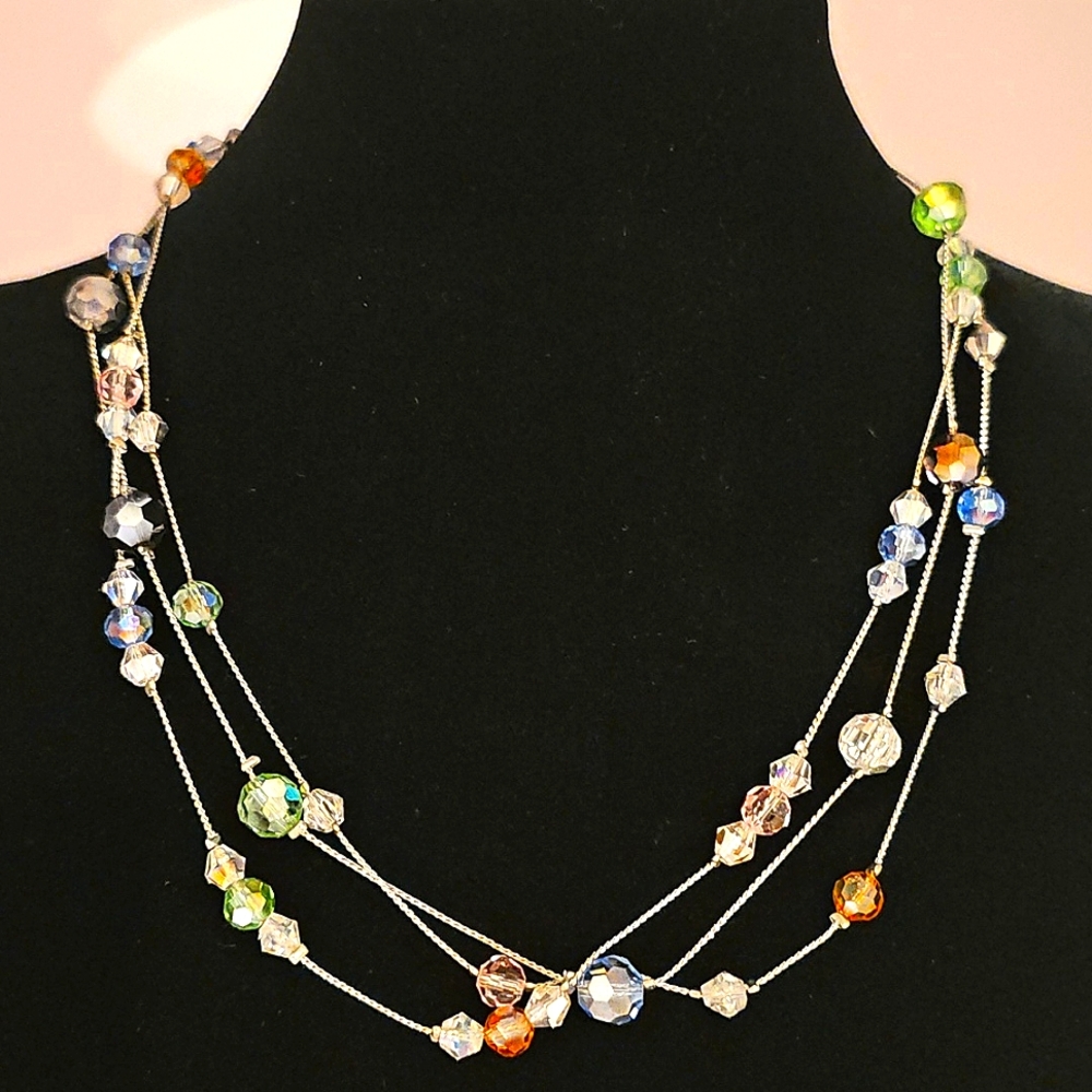 5/$25 - Multicolor Crystal Triple Strand Silvertone Beaded Necklace